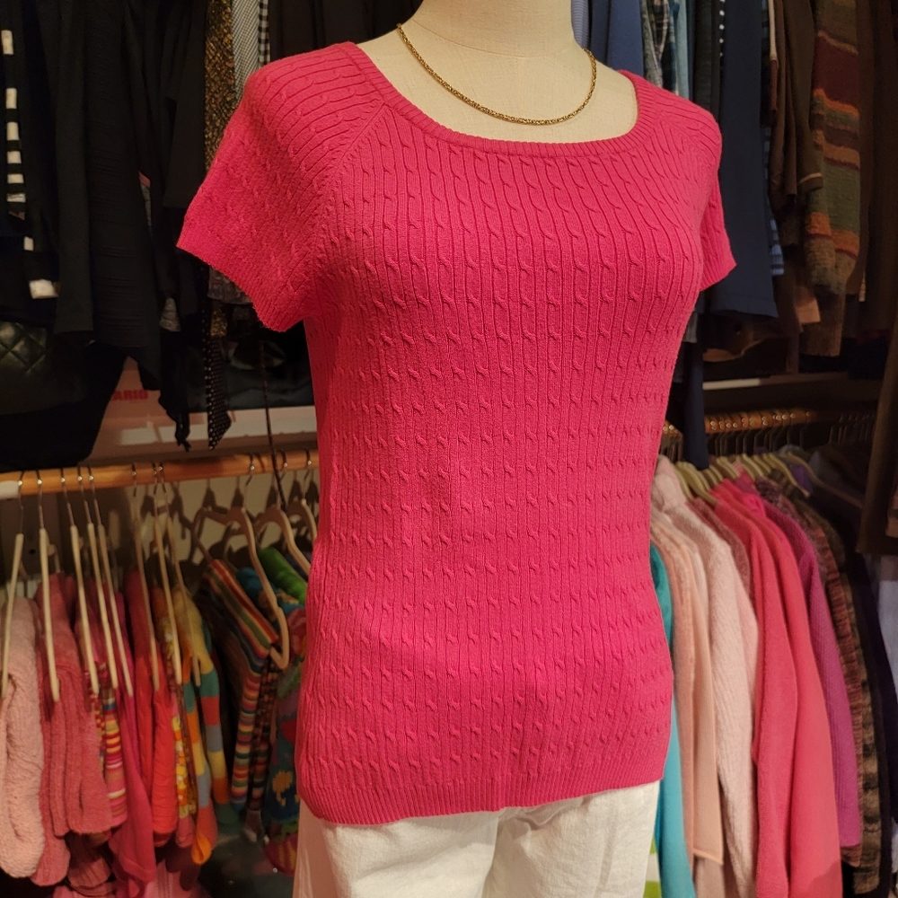 FIORLINI INTERNATIONAL ♡ Gorgeous Bright Pink Cable Knit Short Sleeve Sweater S